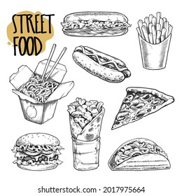 Street Food Retro Illustrations Vector Set. Black and white engraving style icons of burger, pizza, sandwich, taco, french fries, hot dog, shawarma and wok noodle. EPS10 vector illustration.