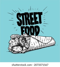 Street Food. Sandwich, Fast Food, Burrito, Shawarma, Gyros, Pita Bread, Kebab, Doner. Hand Drawing Sketches Vector Engraving Handdraw