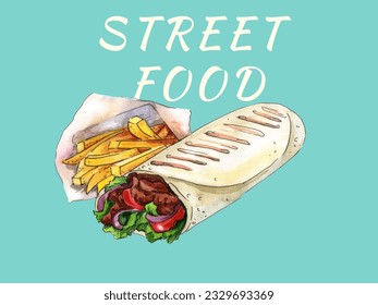 comida callejera. sándwich, comida rápida, burrito, shawarma, gyros, pan de pita, kebab, donador. Dibujo manual bocetos vectores grabado a mano