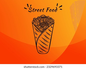 street food. sandwich, fast food, burrito, shawarma, gyros, pita bread, kebab, doner. Hand drawing sketches vector engraving hand drawn