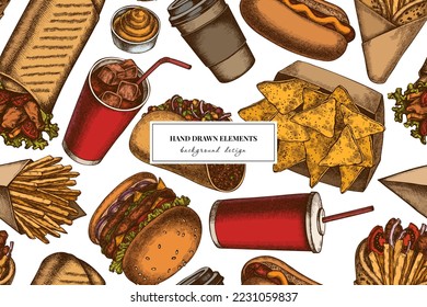 Street food seamless pattern background design. Engraved style. Hand drawn sauces, nachos, soda, gyros, burger, taco, shawarma, french fries, hot dog, paper cup.