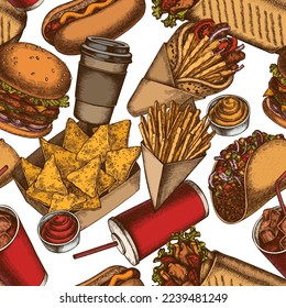 Street food seamless pattern background design. Engraved style. Hand drawn sauces, nachos, soda, burger, taco, shawarma, french fries, hot dog, paper cup.