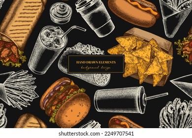 Street food seamless pattern background design. Engraved style. Hand drawn sauces, nachos, soda, gyros, burger, taco, shawarma, french fries, hot dog, paper cup.