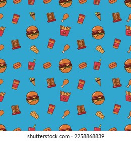 Street food seamless pattern on a blue background 
