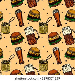 Street Food Seamless Pattern. Wrapping paper design. Yellow engraving style illustrations of burger and beer. EPS10 vector illustration.
