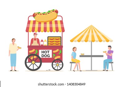 Street food selling and eating vector, salesperson with hot dogs and clients enjoying meal sitting under tent by shop, cart with buns and sausages