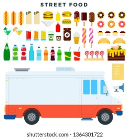 Street food, set of elements in a flat style. Food truck, hot dog, Burger, roll, ice cream, donut, cake, juice, coffee, lemonade, etc. Vector illustration, isolated on white.