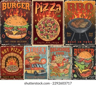 Street food set flyers colorful for cafe burger or classic pizzeria and restaurant on wheels vector illustration