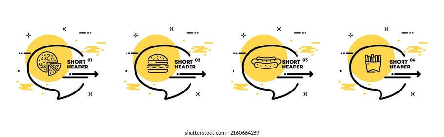 Street food set icon. Pizza, burger, hot dog, french fries, sandwich, sausage, fast. Eating concept. Infographic timeline with icons and 4 steps. Vector line icon for Business and Advertising.