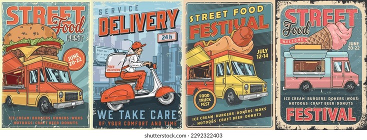 Street food set posters colorful with cafe on wheels and courier delivering hamburger or hot dog on moped vector illustration