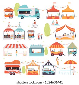 Street Food Set, Sellers Selling Food at Kiosk, Booth, Food Truck and Cart Vector Illustration