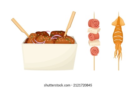 Street food set. Squid, sausage and tofu on wooden skewers vector illustration