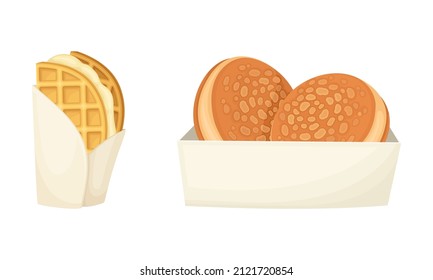 Street food set. Sweet tasty donut and waffle vector illustration
