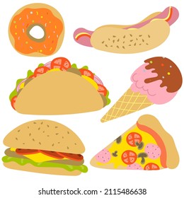 Street Food Set. Vector set of street food in cartoon style. Donut, hot dog, taco, burger, ice cream, pizza. For print, web design.