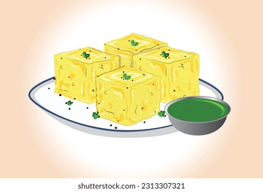 El Sev De Comida Callejera Khaman Dhokla Sirvió Con Chutney. Ilustración vectorial.