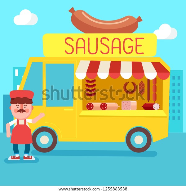 Street food shop in city scene : Sausage\
Shop : Vector\
Illustration