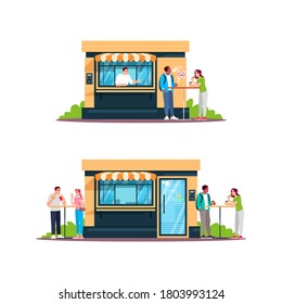 Street food shop with customers semi flat RGB color vector illustrations set. Outdoor snackbar, buffet. People having fast lunch, meal. Isolated cartoon character on white background