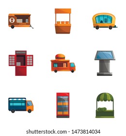 Street food shop icon set. Cartoon set of 9 street food shop vector icons for web design isolated on white background