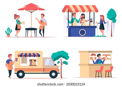 Street food shop isolated elements set. Bundle of cafe with waiters, sale of coffee in kiosk and car, bakery shop, people buy drinks. Creator kit for vector illustration in flat cartoon design