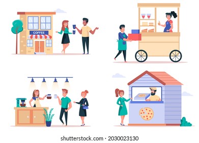 Street food shop isolated elements set. Bundle of people buy drinks in coffee shop, kiosks with desserts, pizza in pizzeria restaurant. Creator kit for vector illustration in flat cartoon design