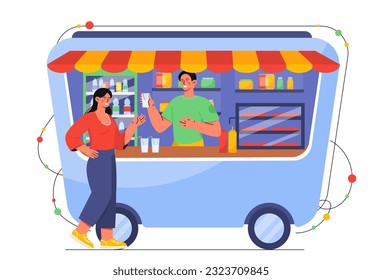 Street food shopper concept. Catering and cafe on wheels. Woman buying fast food from man. Seller holds out cocktail in glass to young girl. Drink and beverage. Cartoon flat vector illustration