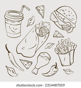 street food sketch hand drawn vector and burger in illustration