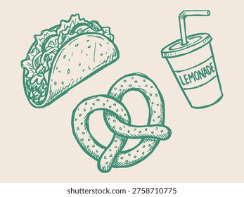 Street Food and Snack Doodle Vector Set. Hand Drawn Taco, Pretzel and Lemonade Cup Collection with Flat Color in Sketch Style. Set of Fast Food Icons Isolated on Cream Background