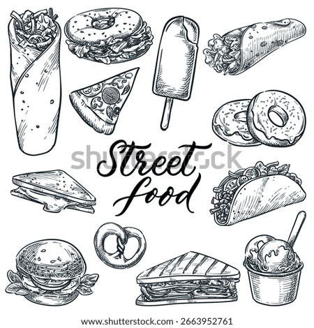 Street food snacks assortment. Vector hand drawn sketch illustration of fast food. Design elements for cafe bistro bar or foodtruck menu, festival posters, takeaway packaging