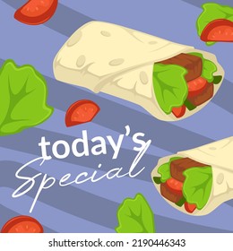 Street food and snacks outdoors, today's special offer for client. Tasty wrap with grilled meat, lettuce and tomatoes, meal with vegetables. Dieting and balanced nutrition. Vector in flat style