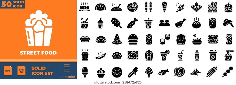 Street Food Solid Editable Icons set. Vector illustration in modern thin solid style of street food icons: Food, sandwich, snack, etc