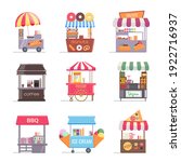 Street food stall retail business marquee with fast food set. Local market cart awning with coffee hot drink, bbq, tacos, ice cream and sweets vector illustration isolated on white background