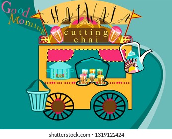 Street Food Stall.Authentic Indian Tea-cutting Chai.Street Tea Vendor-chai Wala In Mumbai.Vector For Design Flyer,invitation, Card, Poster.