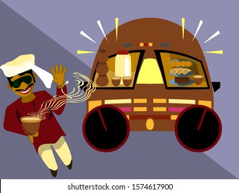 Street food stall.Authentic indian tea-cutting chai, tandoori chai,Street tea vendor-chai wala in Mumbai.Vector for design flyer,invitation, card, poster.