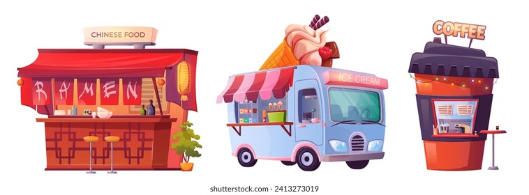 Tiendas de comida callejera con platos chinos, helados y café para el festival del parque, mercado o feria de diversión. Ilustración vectorial de caricatura conjunto de puestos de café de comida rápida y bebida y quiosco para el carnaval tradicional