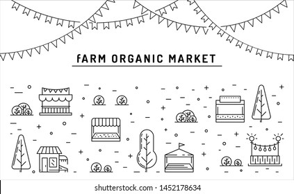 Street food stalls with street food, outdoors , in the Park. Flat outline market, line art street food market, isolated vector illustration