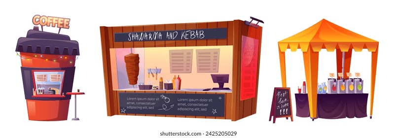 Street food stalls set isolated on white background. Vector cartoon illustration of coffee shop, kebab booth, awning selling drinks, menu board and garland lights, city trade fair design elements