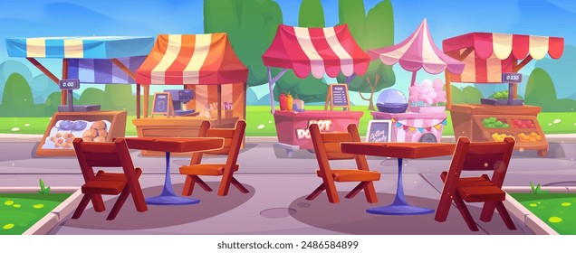 Street food stalls in summer city park. Vector cartoon illustration of outdoor booth selling seafood, coffee, hot dogs, candy floss, fruit and vegetables, wooden tables and chairs on lane, green trees