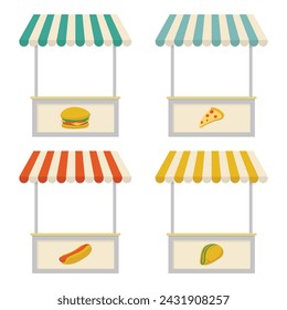 street food stalls, vendors, vector illustration, burgers, pizza, hotdogs, tacos