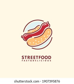 Street Food Stand Logo Design Idea With Juicy Hot Dog. Line Art Symbol Layout For Fast Food Restaurant. Vector Icon Illustration, Sausage And Loaf Bread. Simple Minimalist Emblem.