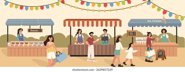 Street food stand. Summer food fair. People buy food. Foods market. 