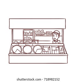 Street food store with seller. Hand drawn vector illustration.