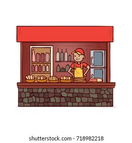 Street food store with seller. Hand drawn vector illustration.