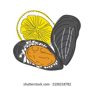 Street food. Stuffed mussels. Heap of mussels in shells stuffed with rice and served with lemon. Design element for poster, menu, flyer, banner, package. Vector.