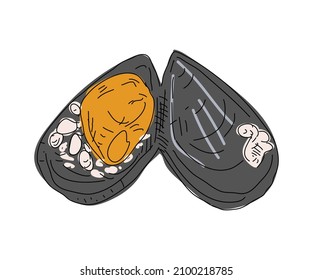 Street food. Stuffed mussels. Heap of mussels in shells stuffed with rice and served with lemon. Design element for poster, menu, flyer, banner, package. Vector.