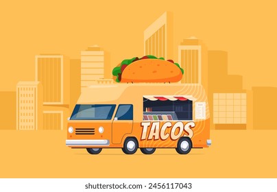 Street food taco trucks. Fast and tasty food at summer fairs, festivals, concerts. Vector illustration