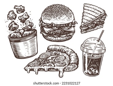 Street food, takeaway. Burger, fried chicken meat, cola, slice of pizza, sandwich sketch. Fast food vector illustration svg