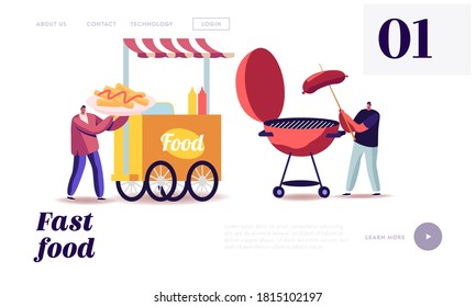 Street Food, Takeaway Junk Meals from Wheeled Food Truck Landing Page Template. Male Friends Characters Eating Streetfood in Summer Outdoor Booth with Barbeque. Cartoon People Vector Illustration