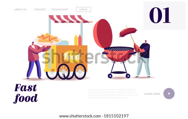 Street Food, Takeaway Junk Meals from\
Wheeled Food Truck Landing Page Template. Male Friends Characters\
Eating Streetfood in Summer Outdoor Booth with Barbeque. Cartoon\
People Vector\
Illustration