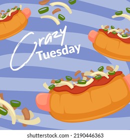 Street Food, Tasty Outdoors Meals And Snacks. Crazy Tuesday Offer, Hot Dogs With Cheese, Sausage And Fluffy Bun. Sauce And Cheese With Green Onion Or Peas, Advertisement. Vector In Flat Style