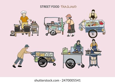 Street food in Thailand collection. Hand drawn style vector illustration.